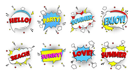8 Comic Lettering Summer In The Speech Bubbles Comic Style Flat Design. Dynamic Pop Art Vector Illustration Isolated On White Background. Exclamation Concept Of Comic Book Style Pop Art Voice Phrase.