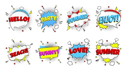 Fotobehang 8 Comic Lettering Summer In The Speech Bubbles Comic Style Flat Design. Dynamic Pop Art Vector Illustration Isolated On White Background. Exclamation Concept Of Comic Book Style Pop Art Voice Phrase. © Konstantin
