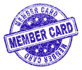 MEMBER CARD stamp seal imprint with distress texture. Designed with rounded rectangles and circles. Blue vector rubber print of MEMBER CARD title with dirty texture.