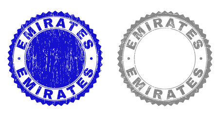 Grunge EMIRATES watermarks isolated on a white background. Rosette seals with grunge texture in blue and gray colors. Vector rubber watermark of EMIRATES caption inside round rosette.