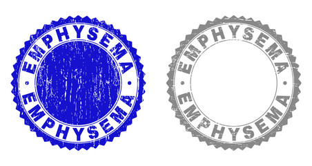 Grunge EMPHYSEMA stamps isolated on a white background. Rosette seals with grunge texture in blue and gray colors. Vector rubber stamp imprint of EMPHYSEMA tag inside round rosette.