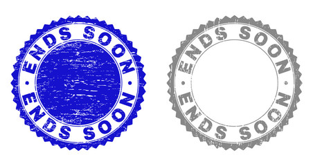 Grunge ENDS SOON stamp seals isolated on a white background. Rosette seals with grunge texture in blue and gray colors. Vector rubber stamp imprint of ENDS SOON caption inside round rosette.