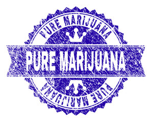 PURE MARIJUANA rosette seal overlay with distress style. Designed with round rosette, ribbon and small crowns. Blue vector rubber print of PURE MARIJUANA text with unclean style.