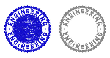 Grunge ENGINEERING stamp seals isolated on a white background. Rosette seals with grunge texture in blue and gray colors. Vector rubber overlay of ENGINEERING title inside round rosette.