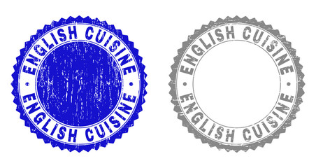 Grunge ENGLISH CUISINE stamp seals isolated on a white background. Rosette seals with grunge texture in blue and gray colors.