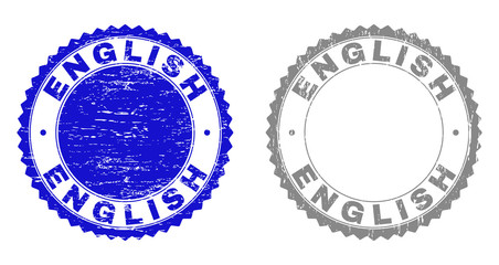 Grunge ENGLISH stamp seals isolated on a white background. Rosette seals with distress texture in blue and gray colors. Vector rubber stamp imprint of ENGLISH title inside round rosette.