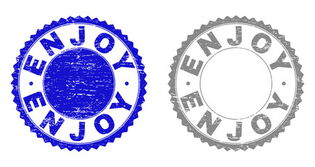 Grunge ENJOY stamp seals isolated on a white background. Rosette seals with grunge texture in blue and gray colors. Vector rubber stamp imprint of ENJOY label inside round rosette.