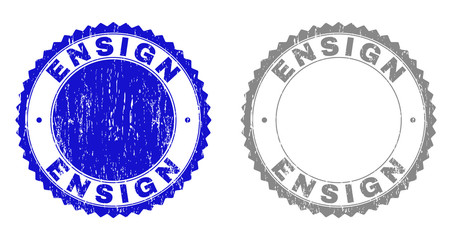 Grunge ENSIGN stamp seals isolated on a white background. Rosette seals with distress texture in blue and gray colors. Vector rubber stamp imitation of ENSIGN tag inside round rosette.