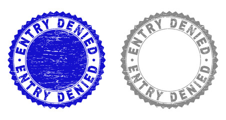 Grunge ENTRY DENIED stamp seals isolated on a white background. Rosette seals with grunge texture in blue and gray colors. Vector rubber stamp imitation of ENTRY DENIED title inside round rosette.