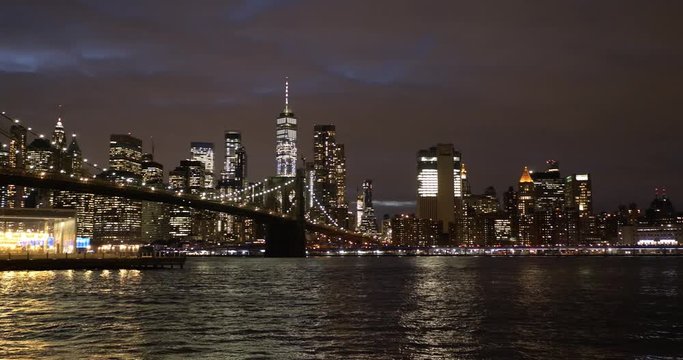 View of Manhattan and Brooklyn bridge at night New York City United States of America