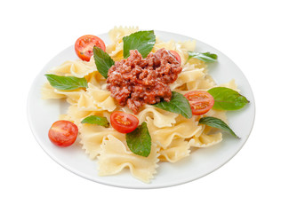 Spaghetti bolognese sauce with beef or pork,cheese,tomatoes and spices on white plate