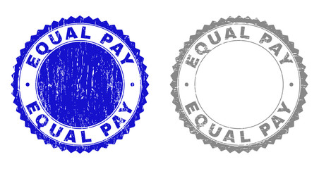Grunge EQUAL PAY stamp seals isolated on a white background. Rosette seals with grunge texture in blue and gray colors. Vector rubber stamp imitation of EQUAL PAY title inside round rosette.