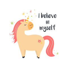 Cute magical unicorn. Inspirational card