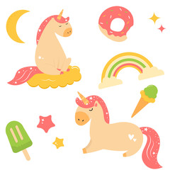 Naklejka premium Set of Cute magical unicorns with bright elements