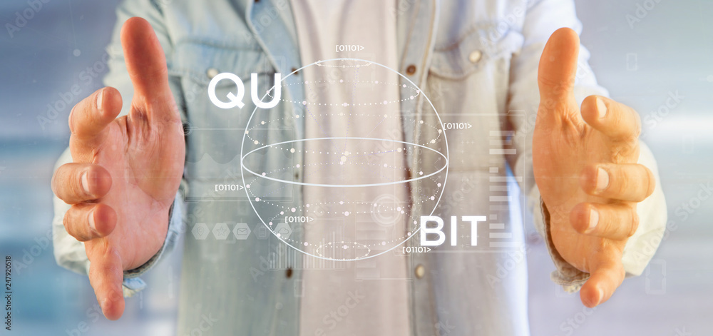 Poster businessman holding quantum computing concept with qubit icon 3d rendering