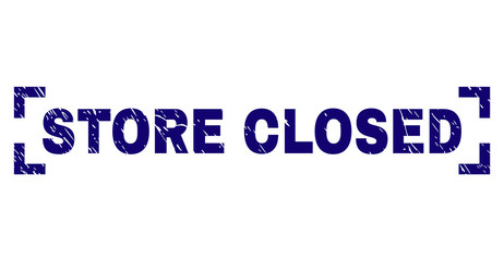 STORE CLOSED caption seal print with distress texture. Text tag is placed inside corners. Blue vector rubber print of STORE CLOSED with dust texture.