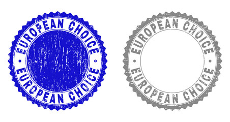 Grunge EUROPEAN CHOICE stamp seals isolated on a white background. Rosette seals with grunge texture in blue and gray colors. Vector rubber overlay of EUROPEAN CHOICE label inside round rosette.