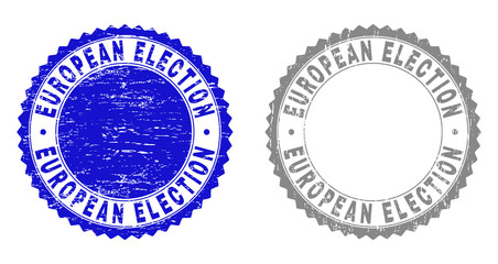 Grunge EUROPEAN ELECTION stamp seals isolated on a white background. Rosette seals with grunge texture in blue and grey colors. Vector rubber overlay of EUROPEAN ELECTION caption inside round rosette.
