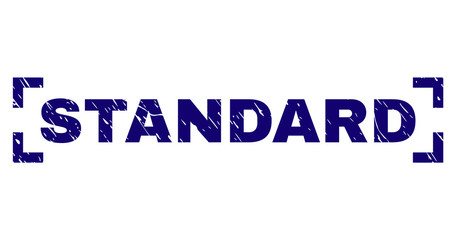 STANDARD caption seal stamp with distress texture. Text caption is placed between corners. Blue vector rubber print of STANDARD with scratched texture.