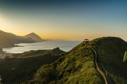 Sunset at landscape View of mountains east coast of Taiwan Bitou Lighthouse Cape