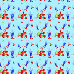 Watercolor illustration of strawberry,lime and juice splash in a glass. Isolated on blue background. Seamless pattern