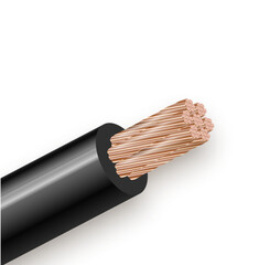 Flexible power copper cable isolated on white background. Copper multi-core cable with black insulation. Close-up section. Power wire. Vector illustration