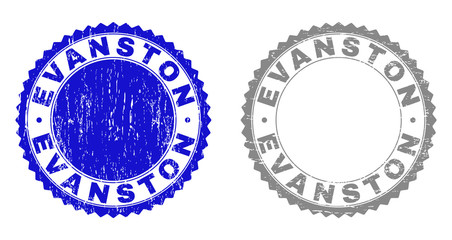 Grunge EVANSTON stamp seals isolated on a white background. Rosette seals with grunge texture in blue and grey colors. Vector rubber stamp imitation of EVANSTON label inside round rosette.