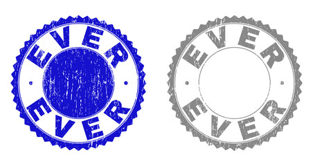 Grunge EVER stamp seals isolated on a white background. Rosette seals with grunge texture in blue and grey colors. Vector rubber watermark of EVER label inside round rosette.