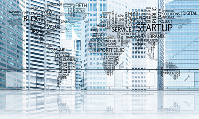 Concept of global communication and networking with world map over cityscape