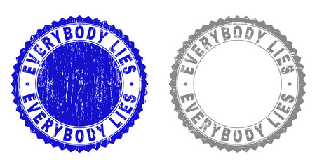 Grunge EVERYBODY LIES stamp seals isolated on a white background. Rosette seals with distress texture in blue and gray colors. Vector rubber stamp imprint of EVERYBODY LIES text inside round rosette.
