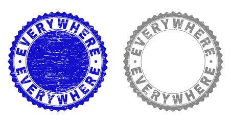 Obraz premium Grunge EVERYWHERE stamp seals isolated on a white background. Rosette seals with distress texture in blue and grey colors. Vector rubber stamp imprint of EVERYWHERE caption inside round rosette.