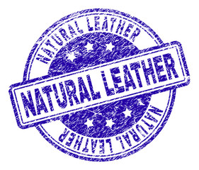 NATURAL LEATHER stamp seal watermark with grunge texture. Designed with rounded rectangles and circles. Blue vector rubber print of NATURAL LEATHER caption with grunge texture.