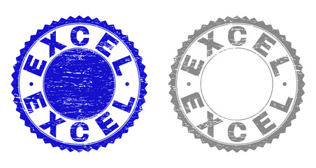 Grunge EXCEL stamp seals isolated on a white background. Rosette seals with grunge texture in blue and gray colors. Vector rubber stamp imprint of EXCEL caption inside round rosette.
