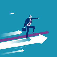 Leader stands on arrows and points direction forward. Concept business illustration..