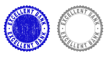 Grunge EXCELLENT BANK stamp seals isolated on a white background. Rosette seals with grunge texture in blue and gray colors. Vector rubber stamp imitation of EXCELLENT BANK title inside round rosette.