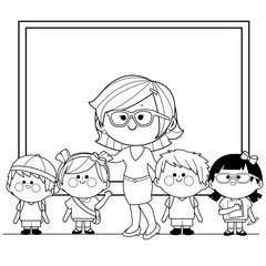 Teacher and students in the classroom at school. Vector black and white coloring page.