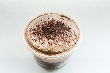 Chocolate cake, smooth cream in the cup. Cheap cake.Cheap cake