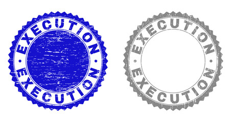 Grunge EXECUTION stamp seals isolated on a white background. Rosette seals with grunge texture in blue and gray colors. Vector rubber overlay of EXECUTION label inside round rosette.