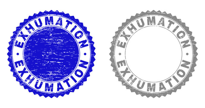 Grunge EXHUMATION stamp seals isolated on a white background. Rosette seals with grunge texture in blue and gray colors. Vector rubber stamp imprint of EXHUMATION caption inside round rosette.