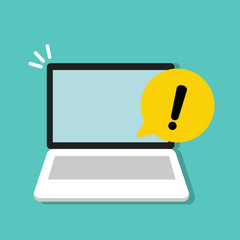 Yellow hazard warning attention sign with exclamation mark symbol in a speech bubble on laptop, computer icon