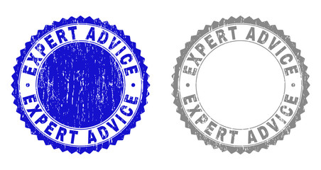 Obraz premium Grunge EXPERT ADVICE stamp seals isolated on a white background. Rosette seals with grunge texture in blue and gray colors. Vector rubber stamp imitation of EXPERT ADVICE title inside round rosette.