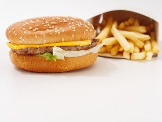 fast food fries burger on white background.