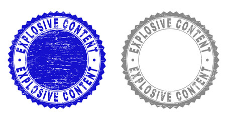 Grunge EXPLOSIVE CONTENT stamp seals isolated on a white background. Rosette seals with distress texture in blue and grey colors.