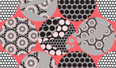 seamless pattern with floral circles and dots in silver red