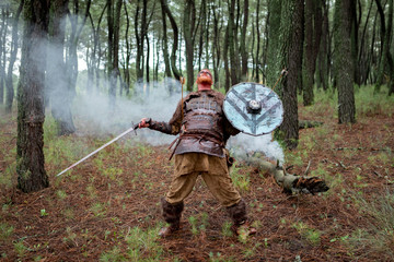 Bloody real viking with his sword training for combat