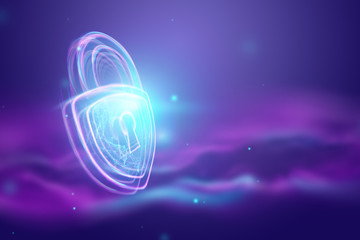 Creative, ultraviolet background, hologram lock. The concept of security, safe, data privacy, data protection, cryptocurrency, cyber otak. Copy space.