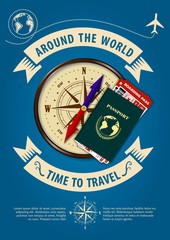 Time to travel banner or poster with compass, passport and boarding passes tickets. Concept for travel and vacations. Vector illustration