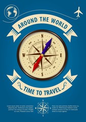 Time to travel banner or poster with compass. Concept for travel and vacations. Vector illustration