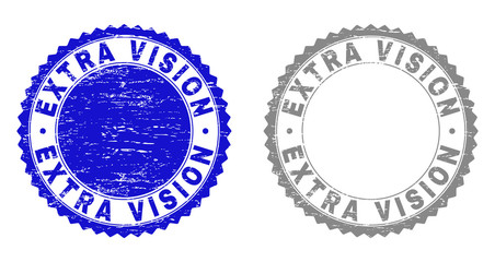 Grunge EXTRA VISION stamp seals isolated on a white background. Rosette seals with grunge texture in blue and gray colors. Vector rubber stamp imitation of EXTRA VISION caption inside round rosette.