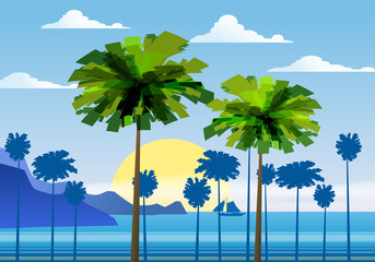 Summer sunny tropical backgrounds seascape with palms seaside, mountanes sky horison, sunset. Vector illustration, isolated, template